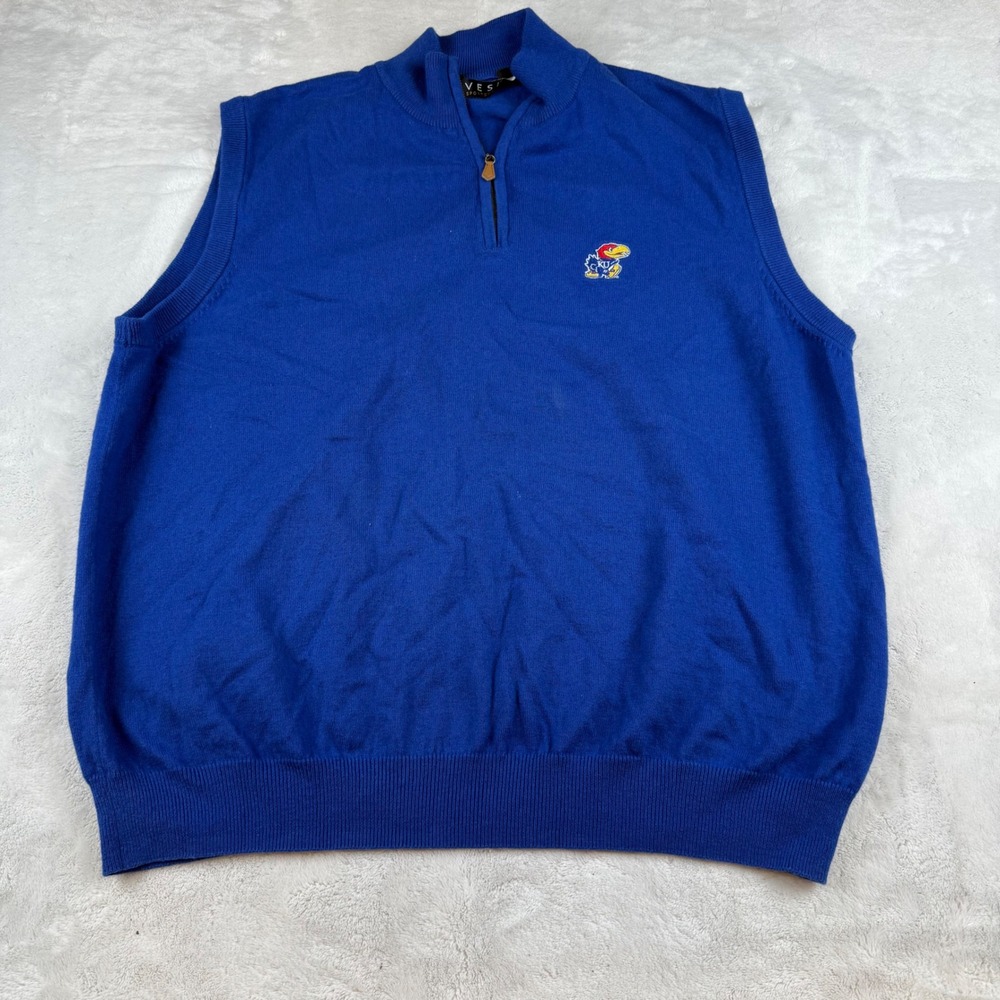 VESI Sportswear Kansas Jayhawks Vest Mens XL Quarter Zip Blue Cotton Wool‎